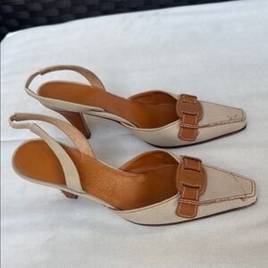 Salvatore Ferragamo Cream and Brown Heels with Buckled Strap